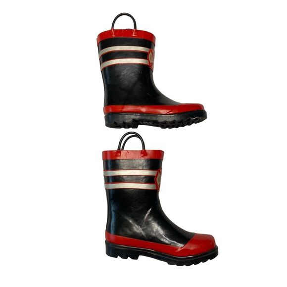 Fire Department Boys Rubber Waterproof Mid-Calf Red Black Pull On Rain Boots - Picture 2 of 13